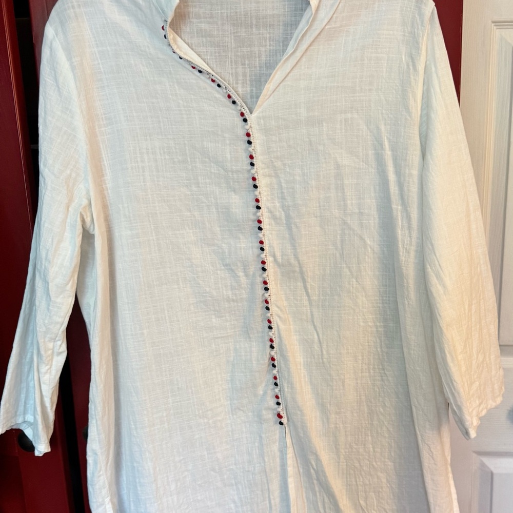 SHEIN Cream Button-Down Shirt with Embellished Trim